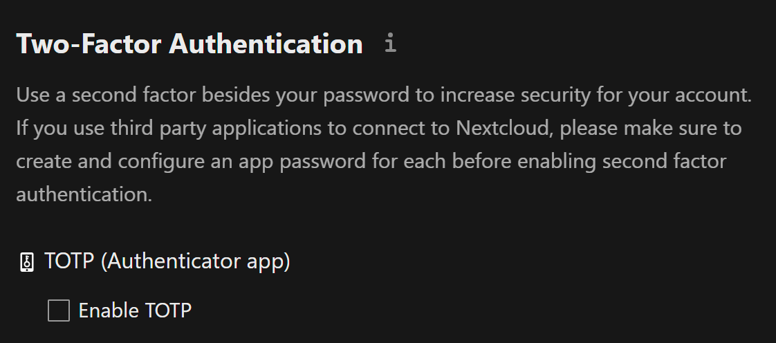 Screenshot of two-factor authentication settings