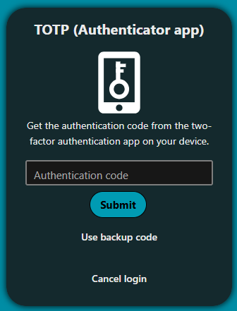 Screenshot of TOTP (Authenticator app) log in screen