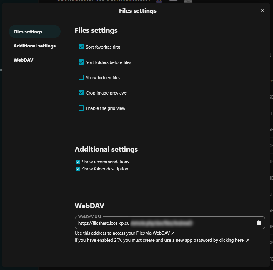 Files settings window, showing WebDAV address