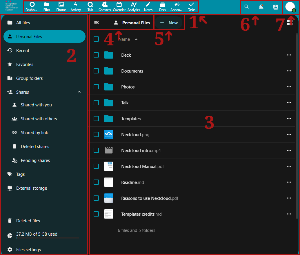 Labelled screenshot of the Nextcloud user interface