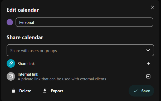 Screenshot of Edit calendar pop-up