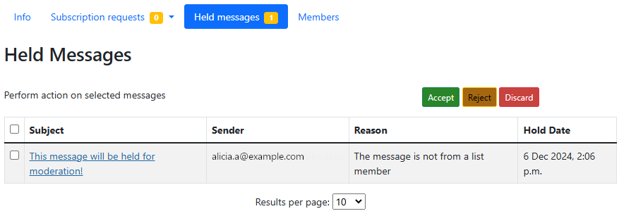 Screenshot of held messages page