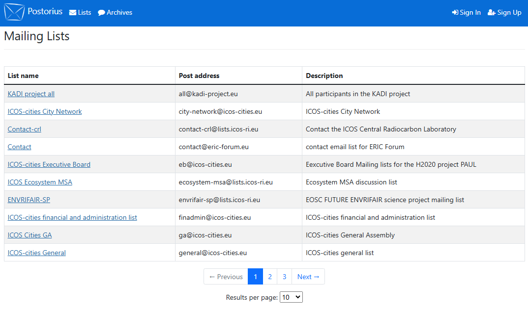 Screenshot of home page of ICOS Mailing Lists