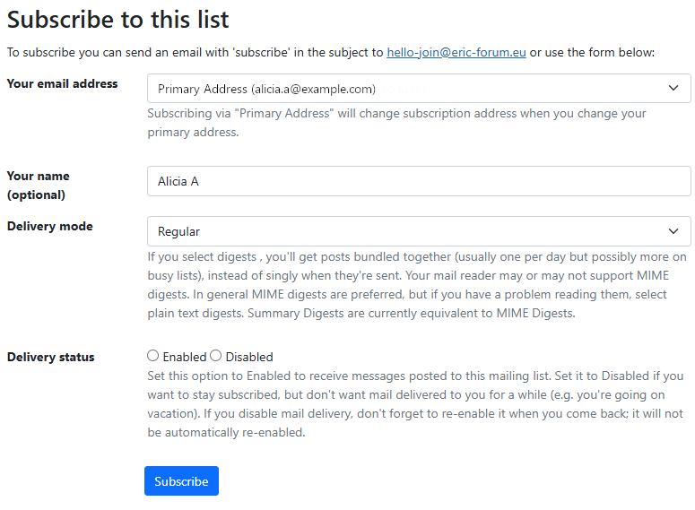 Screenshot of subscription page for a list when signed
in